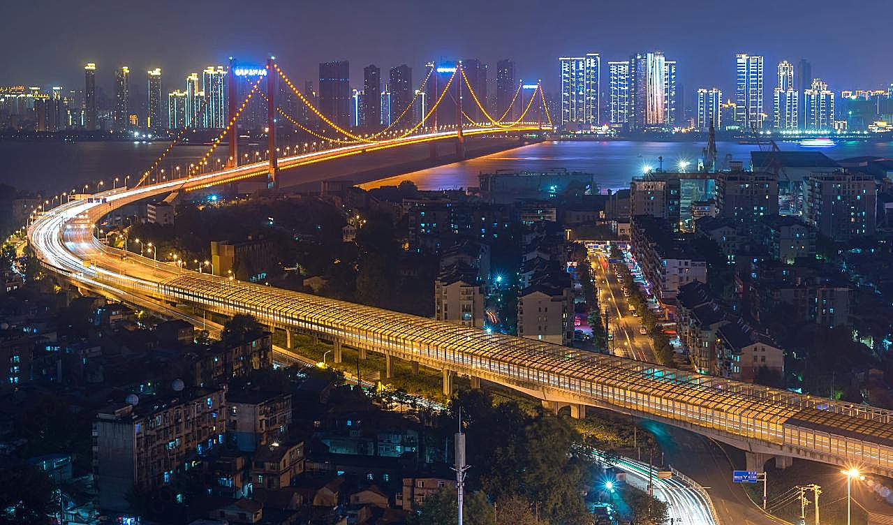 武汉鹦鹉岛大桥夜景建筑空间高清摄影