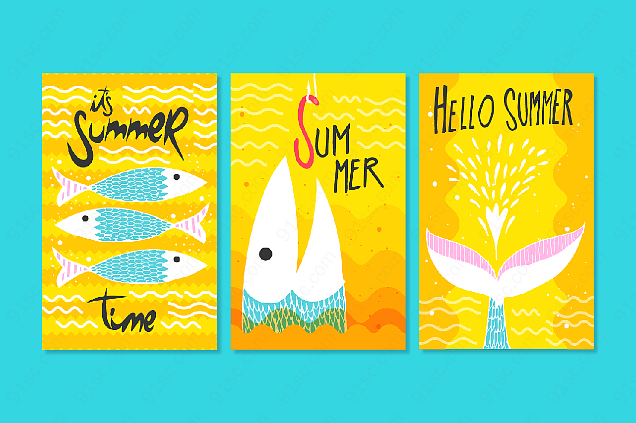 彩绘夏季鱼卡片矢量名片卡片