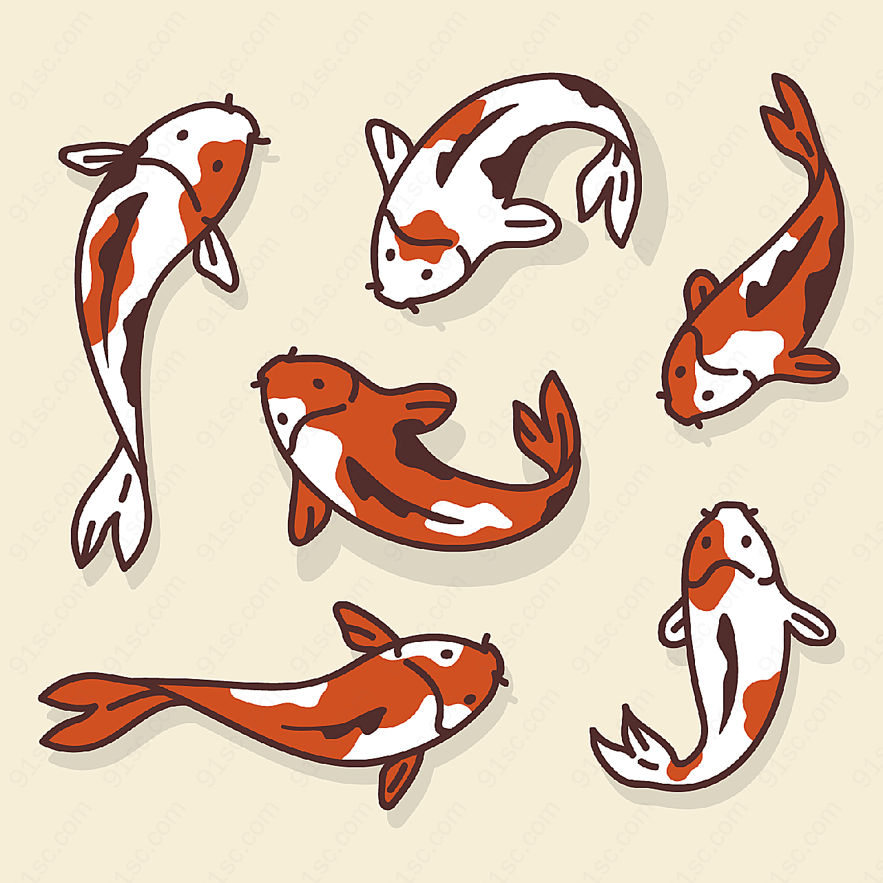 6款手绘锦鲤水中生物