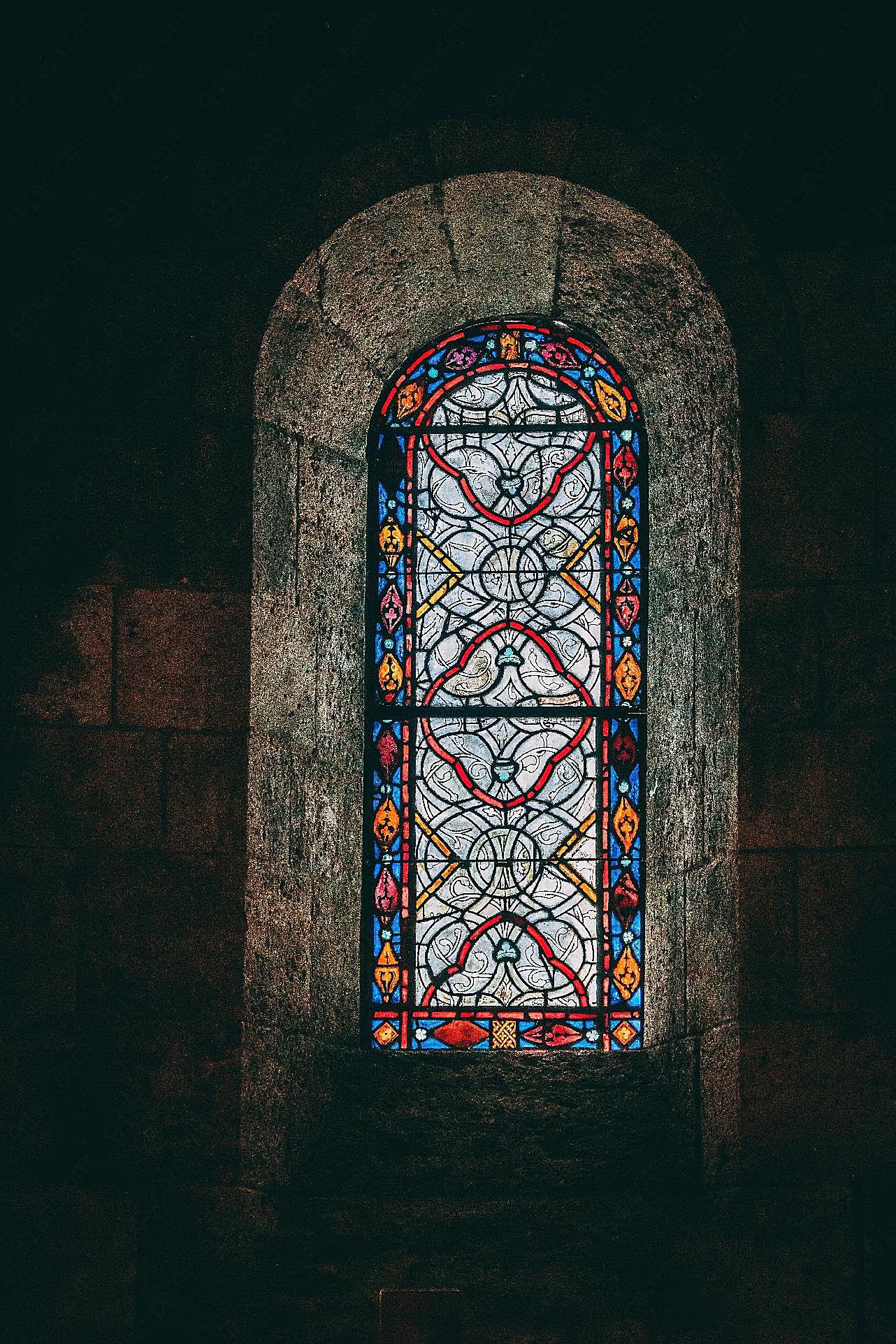 教堂玻璃彩色花窗图片摄影