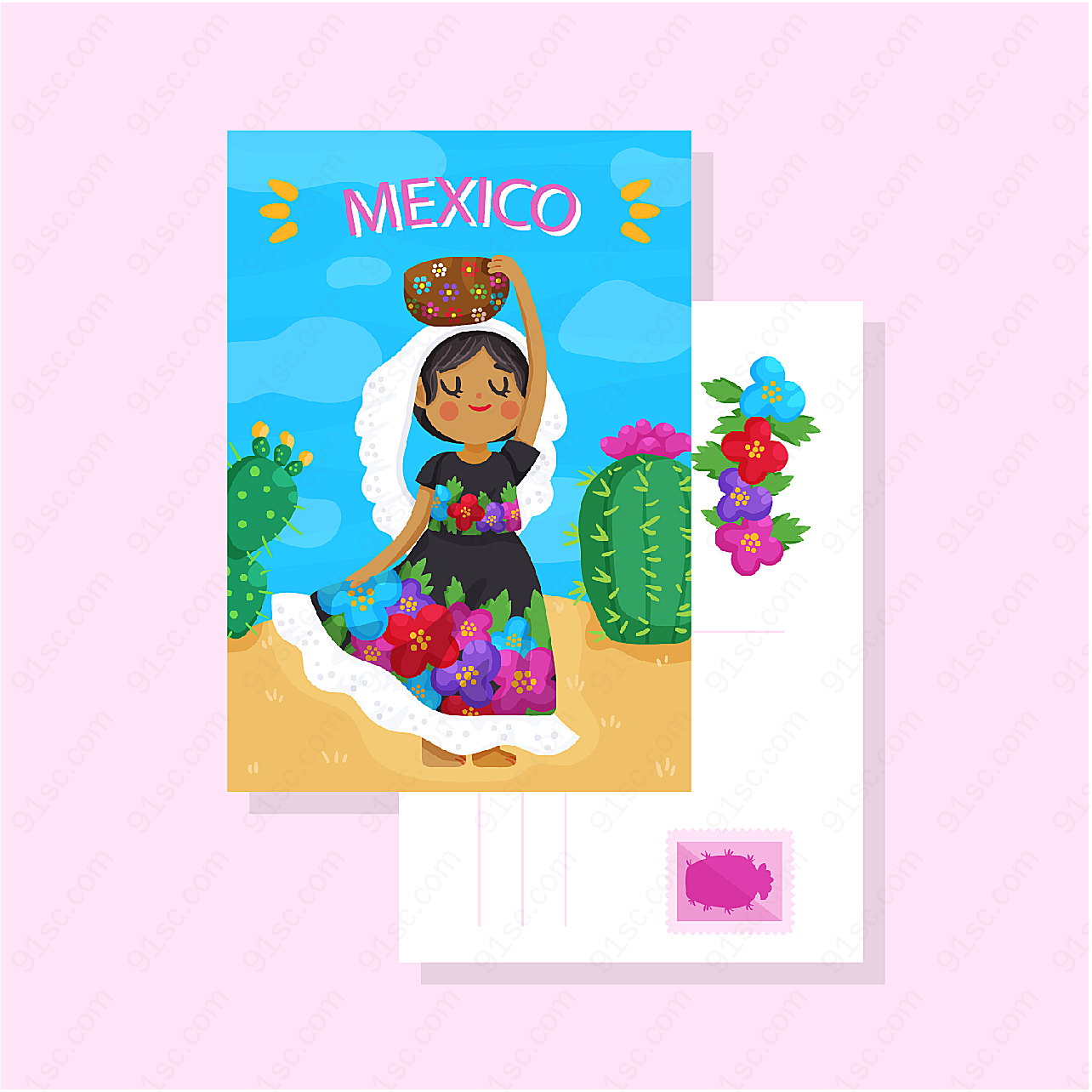 墨西哥女子明信片矢量名片卡片