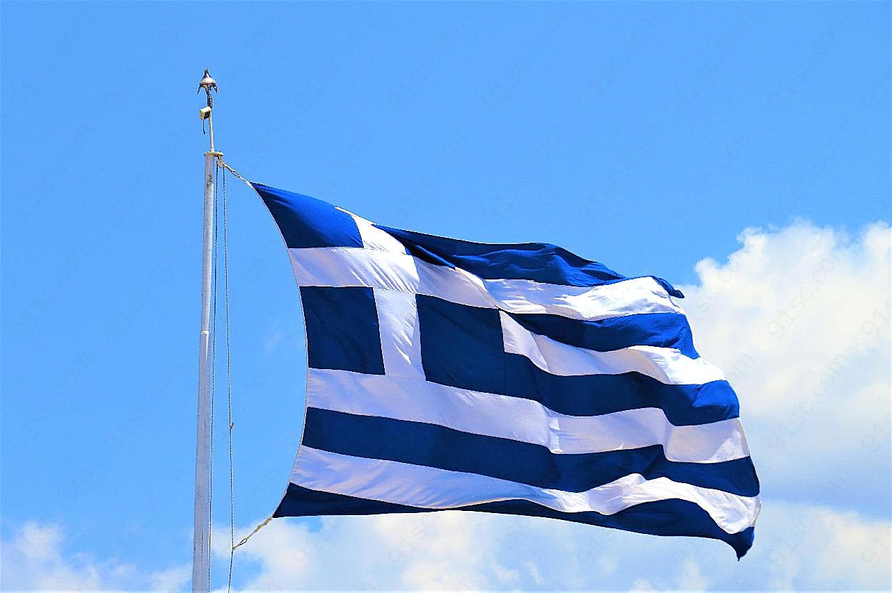 希腊国旗迎风飘扬图片高清