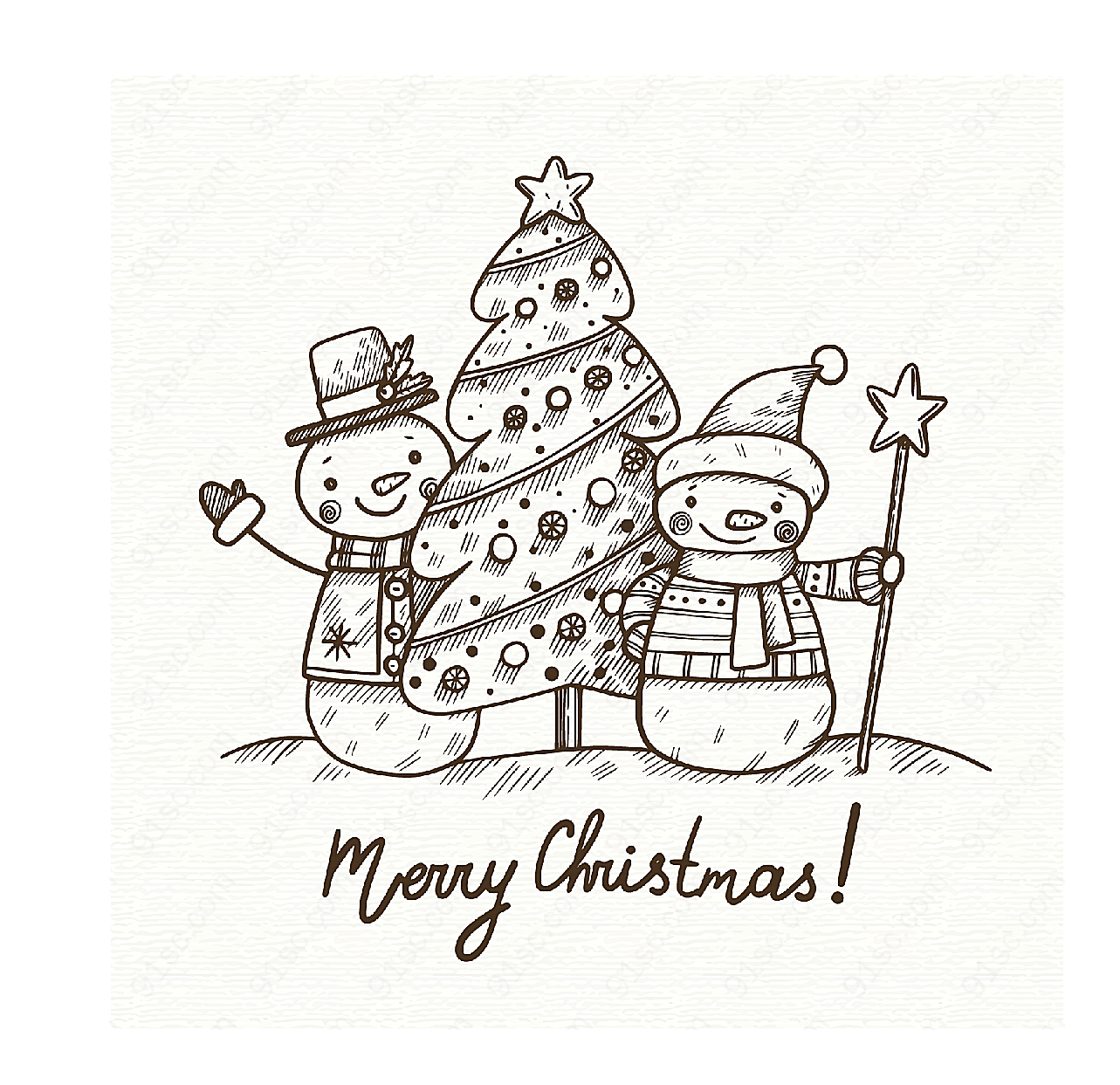 手绘圣诞树和雪人矢量圣诞节