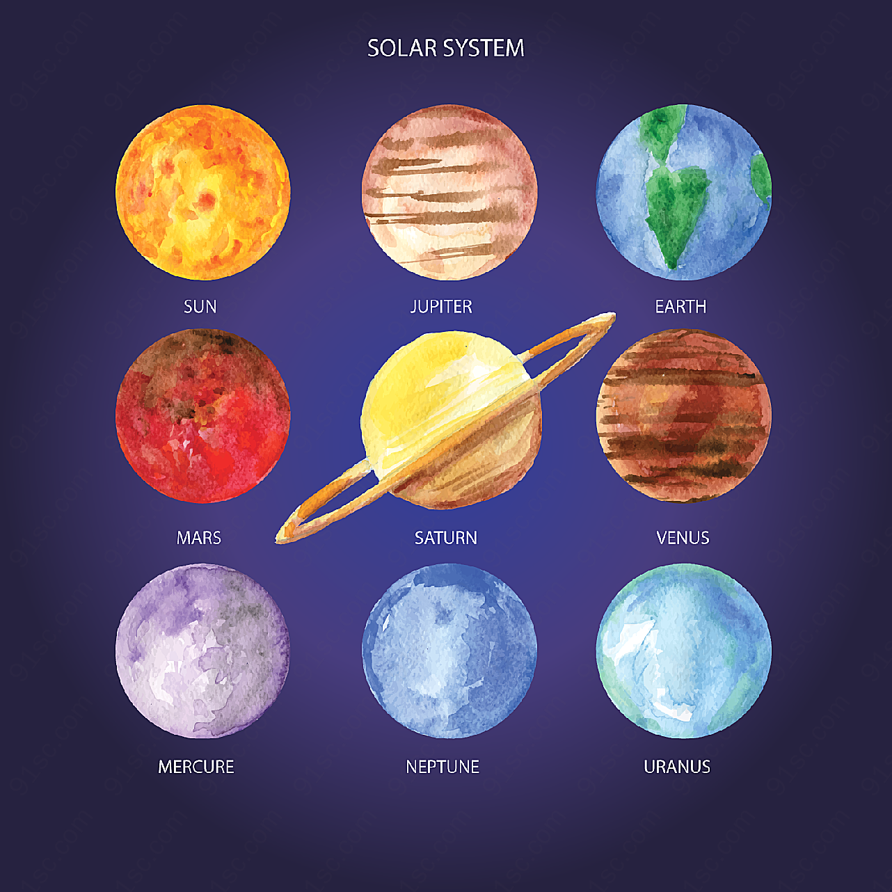 水彩绘太阳系行星矢量自然元素