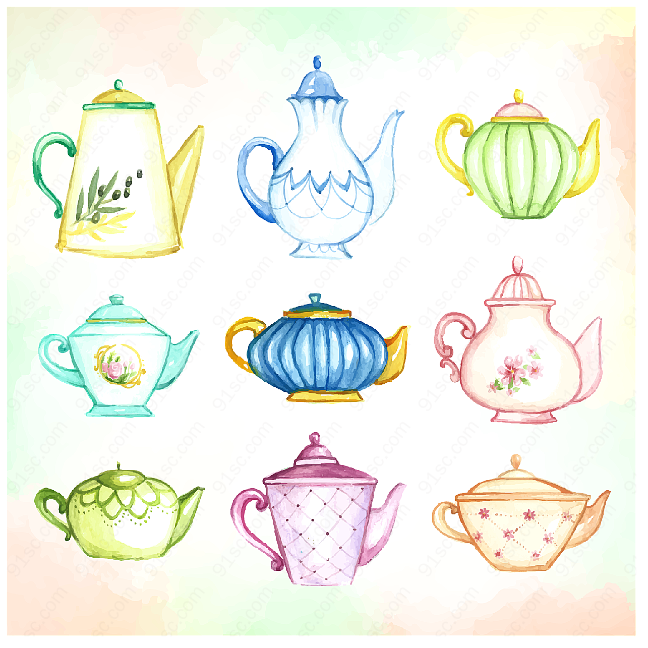 各式水彩茶壶矢量生活用品