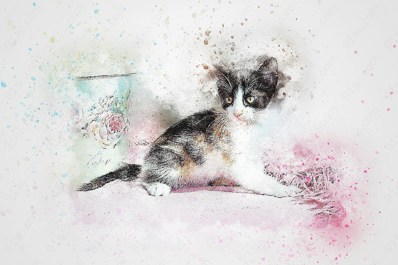 小猫水彩画图片高清
