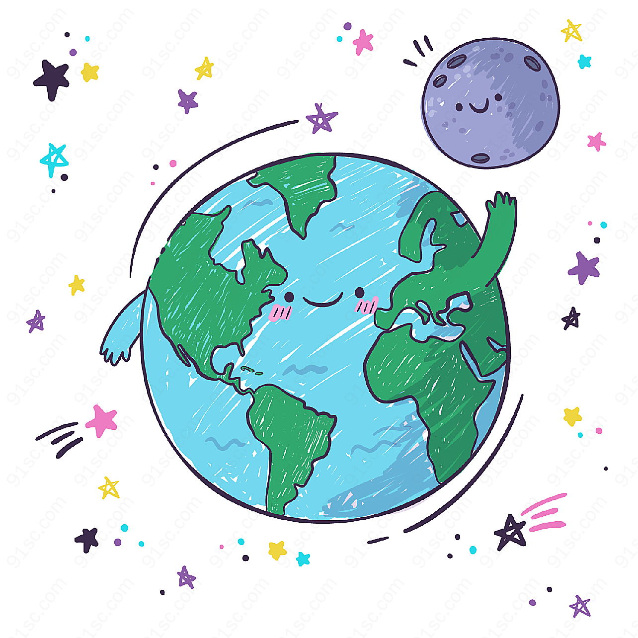 打招呼的地球和月球卡通矢量插画
