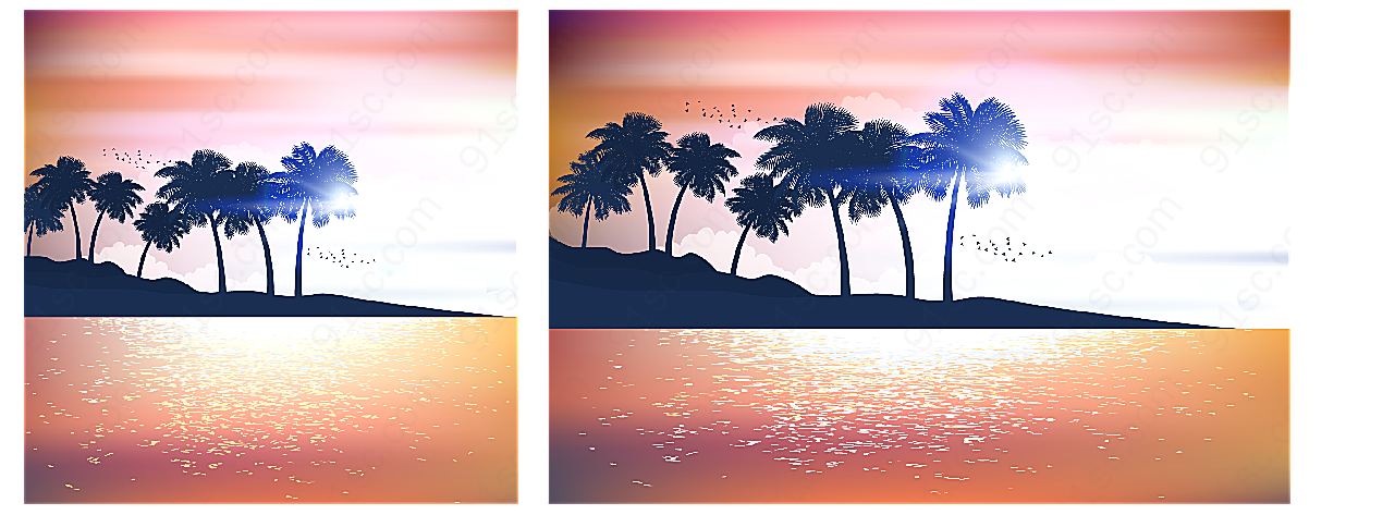 大海岛屿椰子树剪影矢量自然风景