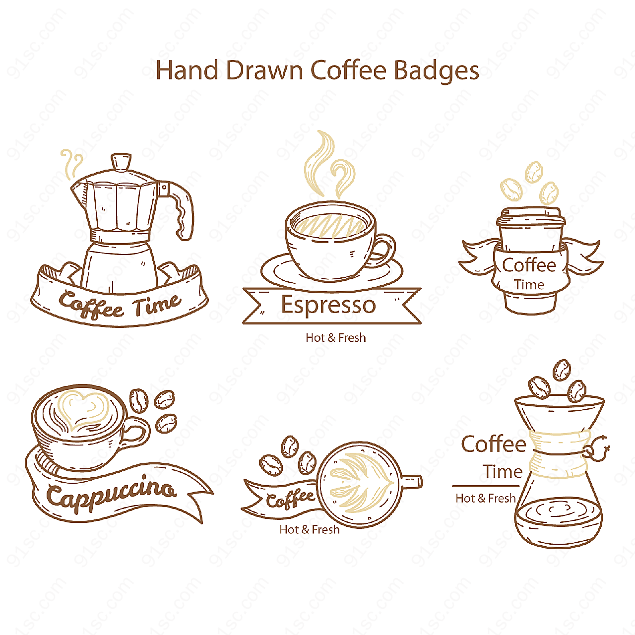 手绘咖啡元素徽章矢量徽章图形