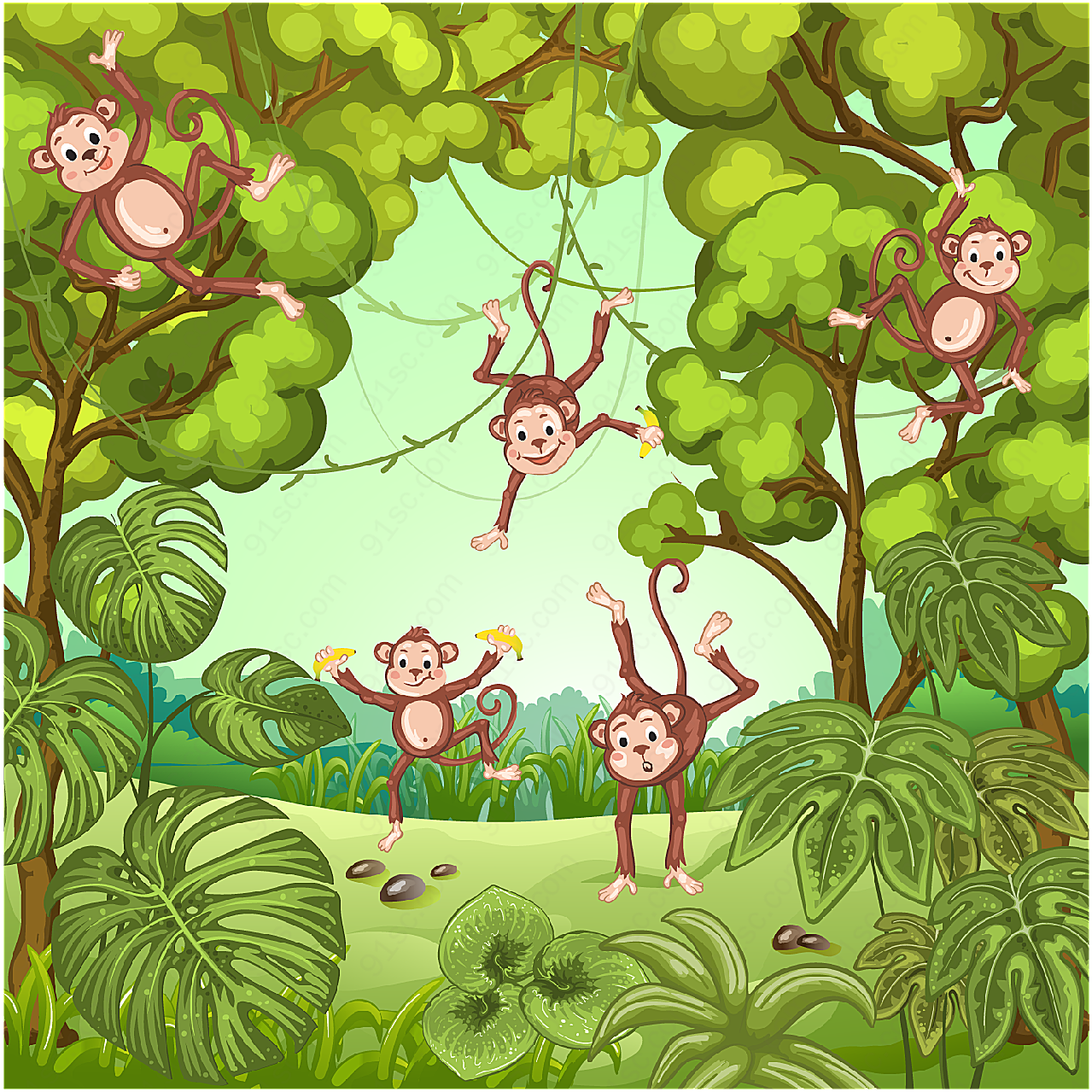 丛林里的猴子卡通矢量插画