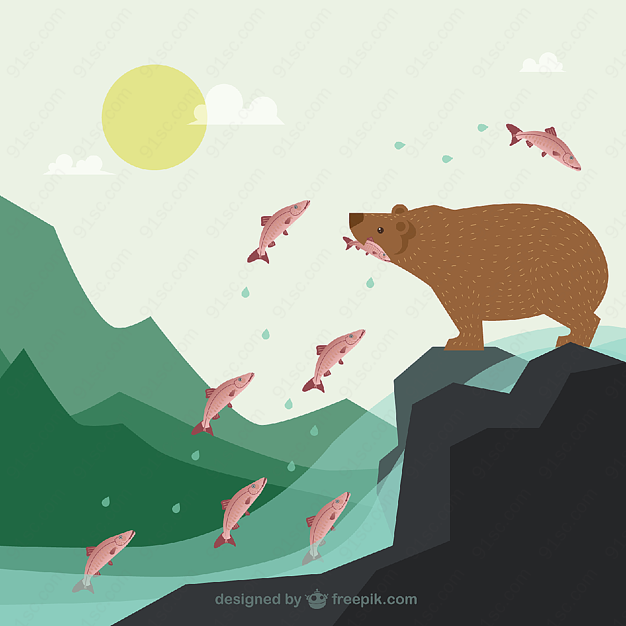 捕食鲑鱼的棕熊矢量野生动物