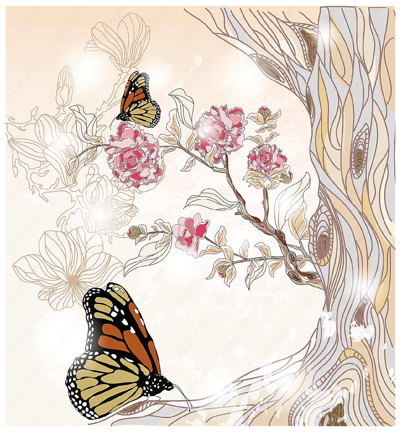 蝴蝶花卉画稿矢量绘画