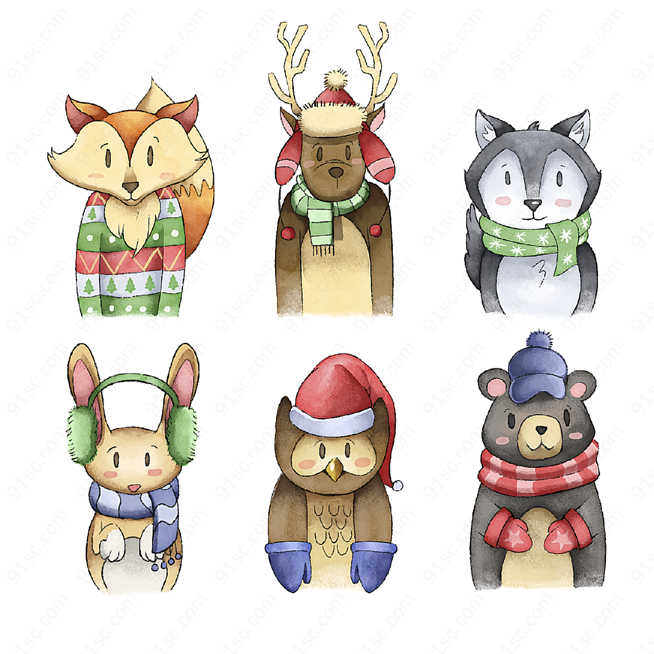 彩绘冬季服饰动物动物动物矢量卡通动物