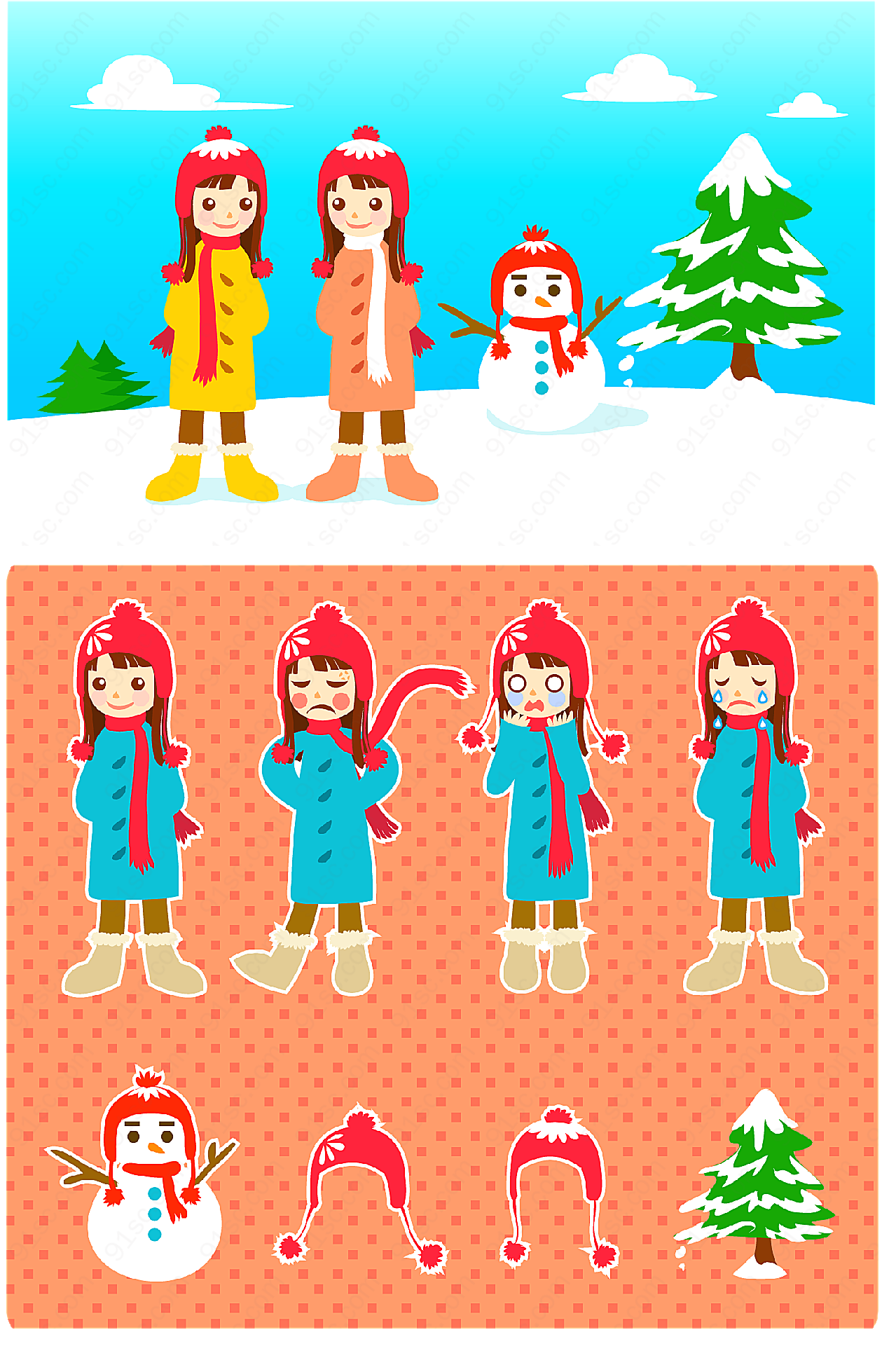雪人和小女孩矢量卡通角色