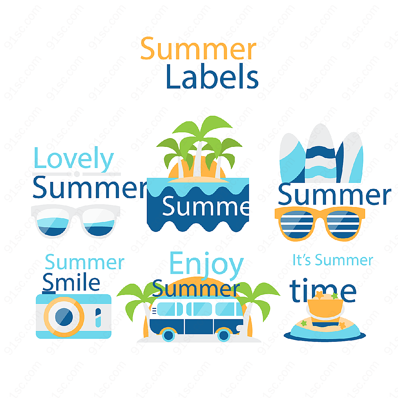 夏季元素标签label矢量