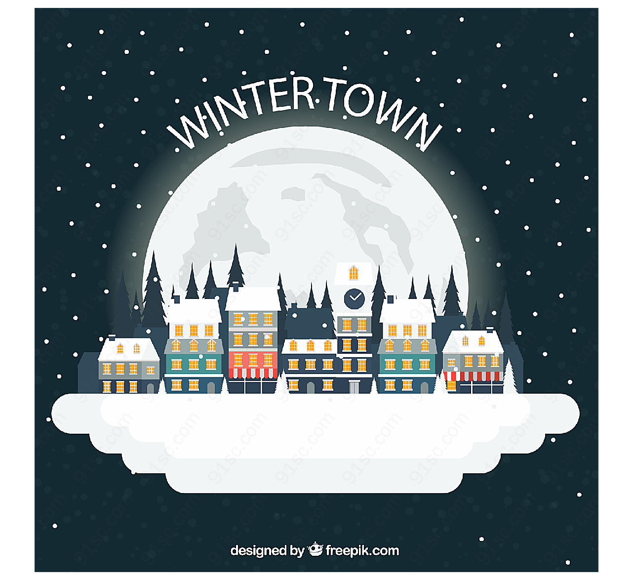 卡通冬季城镇矢量建筑景观