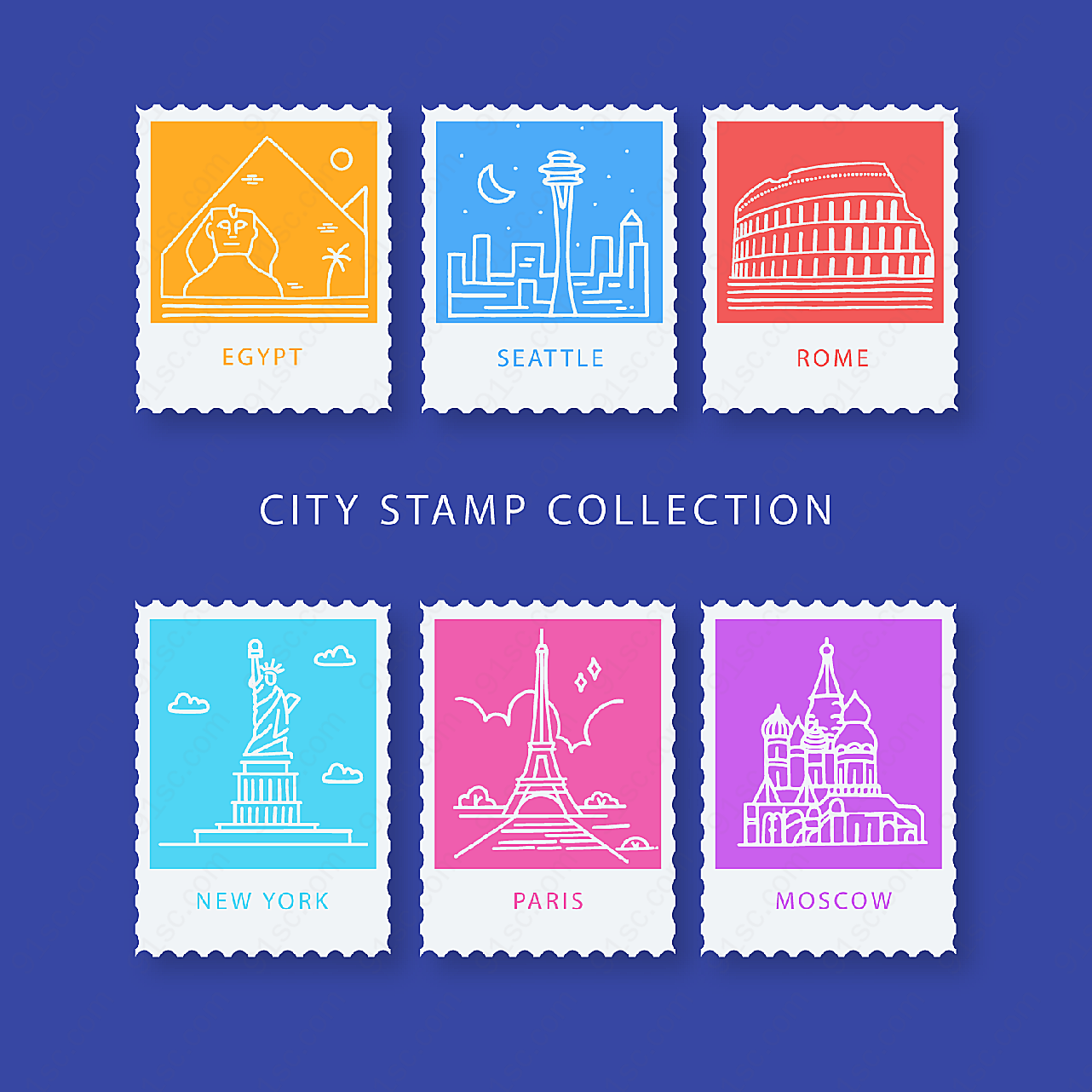 旅游城市邮票矢量传统文化