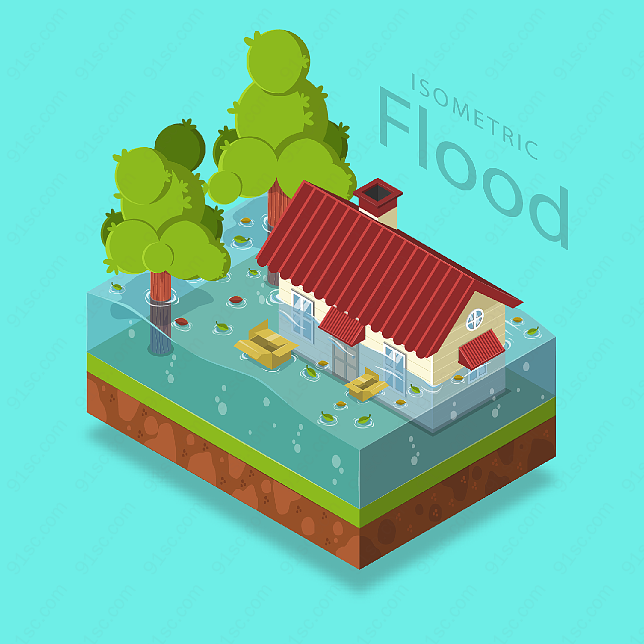 洪灾中的房屋矢量建筑景观