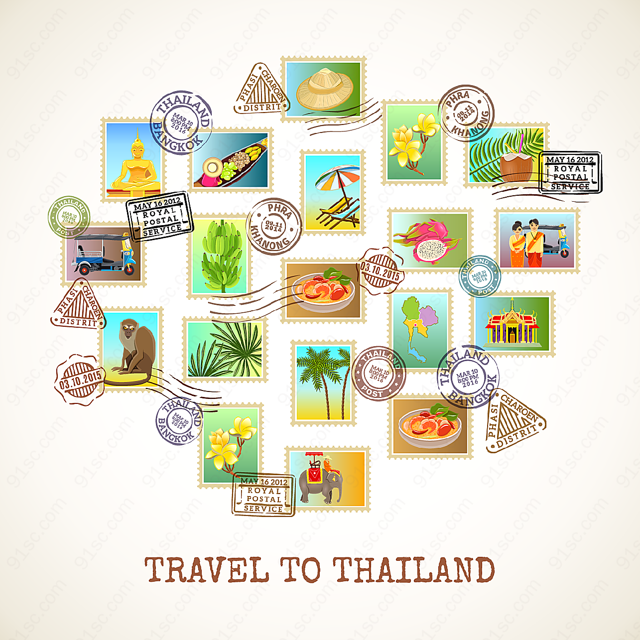 泰国风情旅行邮票矢量传统文化