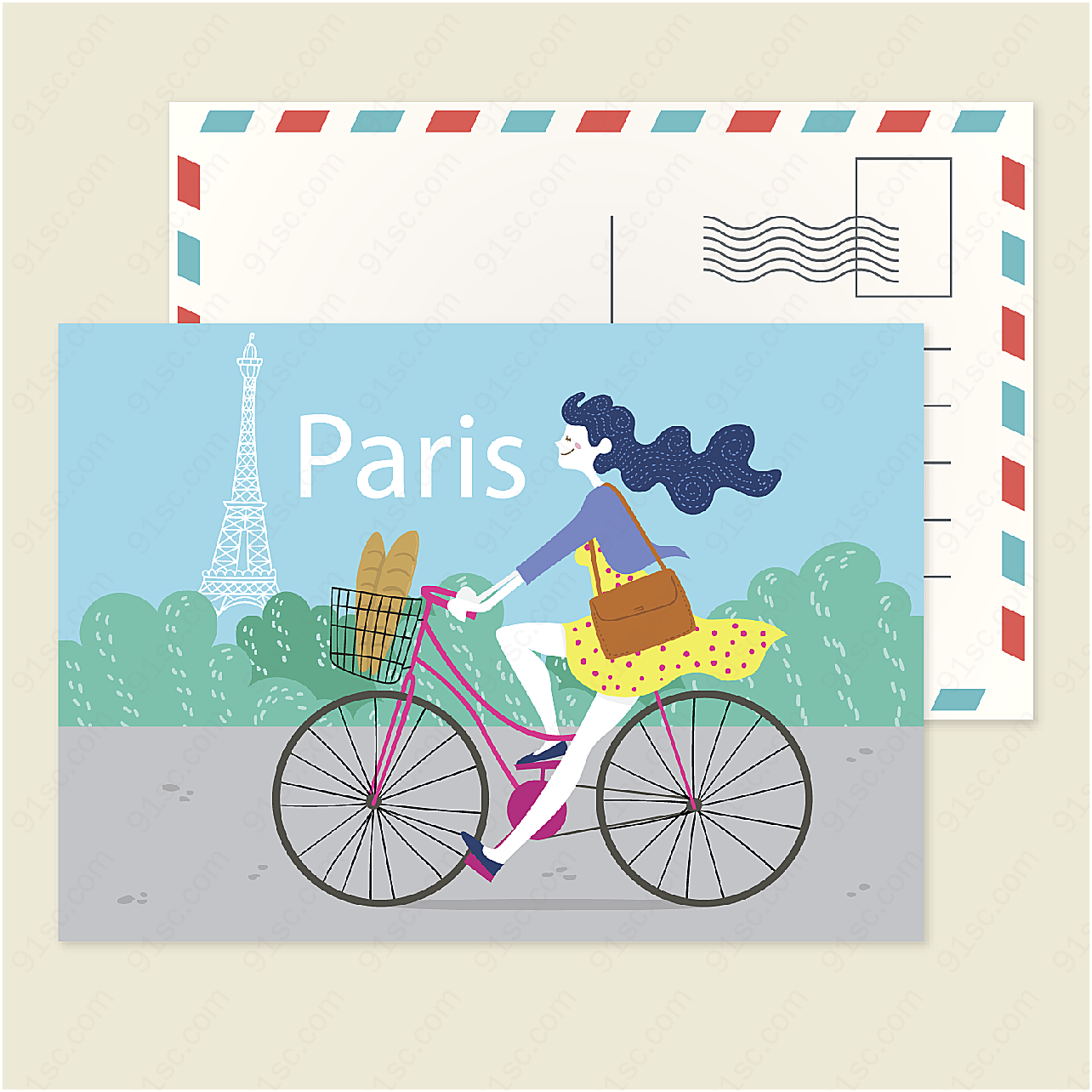 骑单车的女子明信片矢量名片卡片