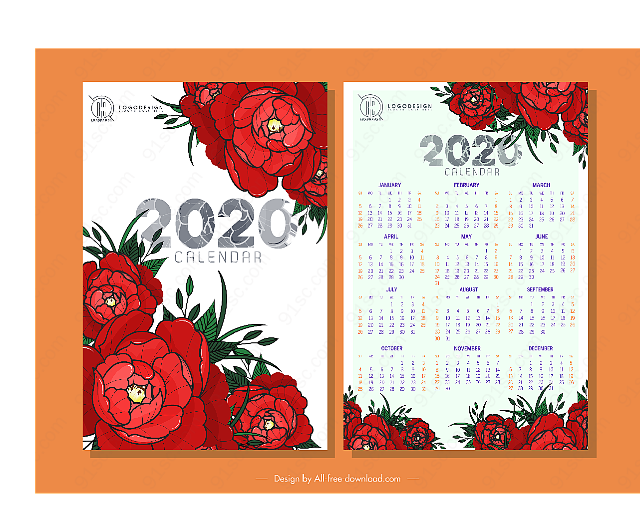 2020花卉年历年历日历矢量