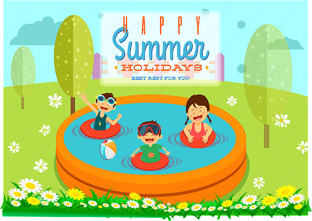 夏季玩水的儿童矢量儿童幼儿