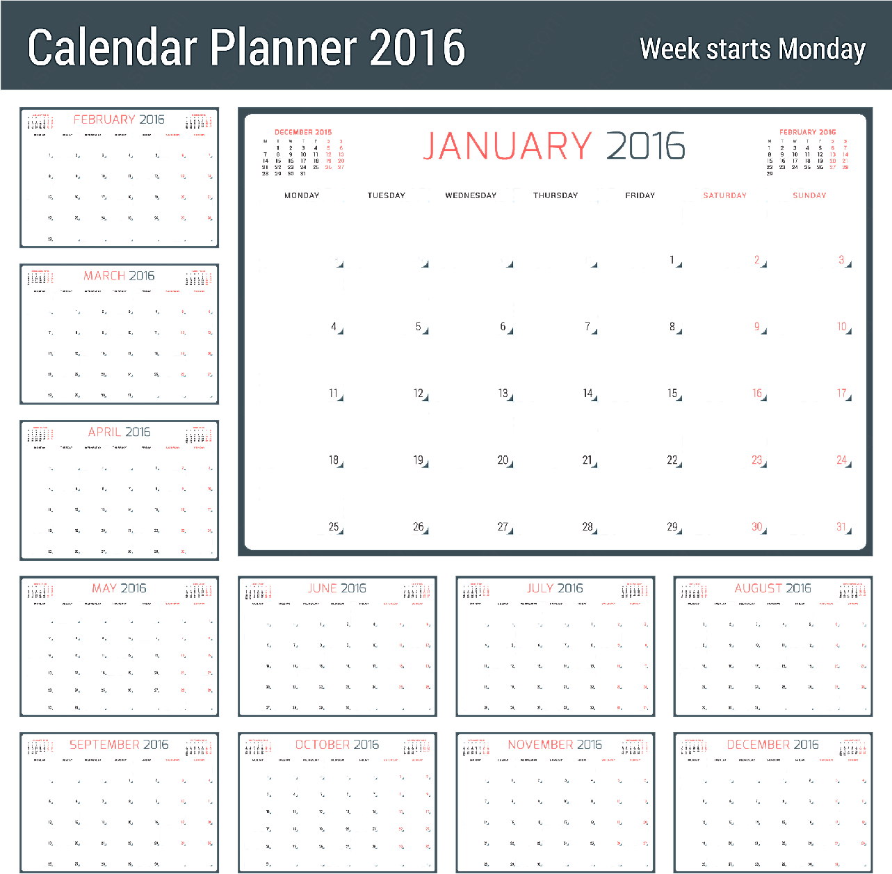 2016年日历矢量年历日历矢量