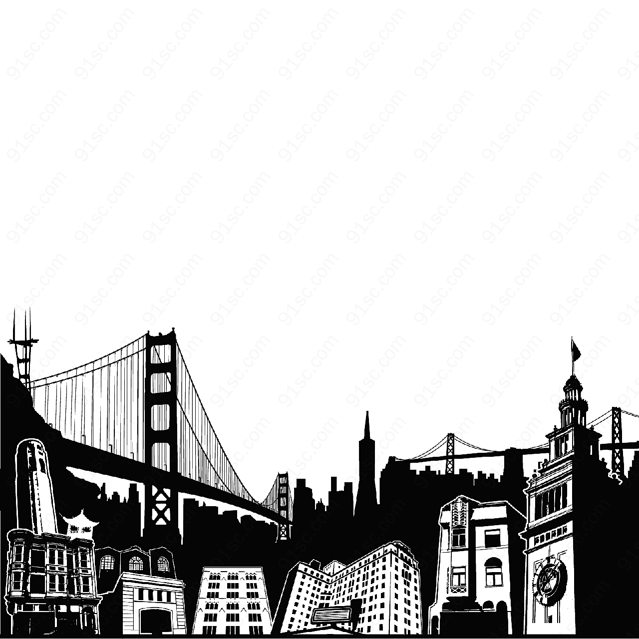 黑白都市插画矢量建筑景观