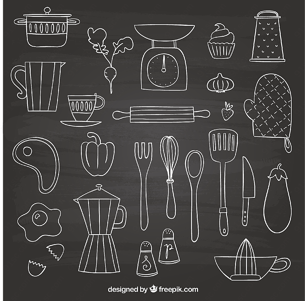 手绘厨房元素矢量餐具厨具