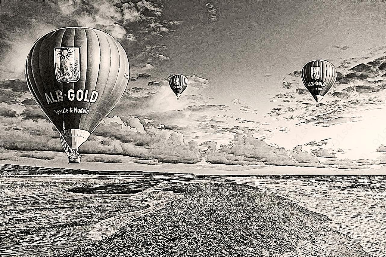 热气球飞升黑白图片夏日色彩图片