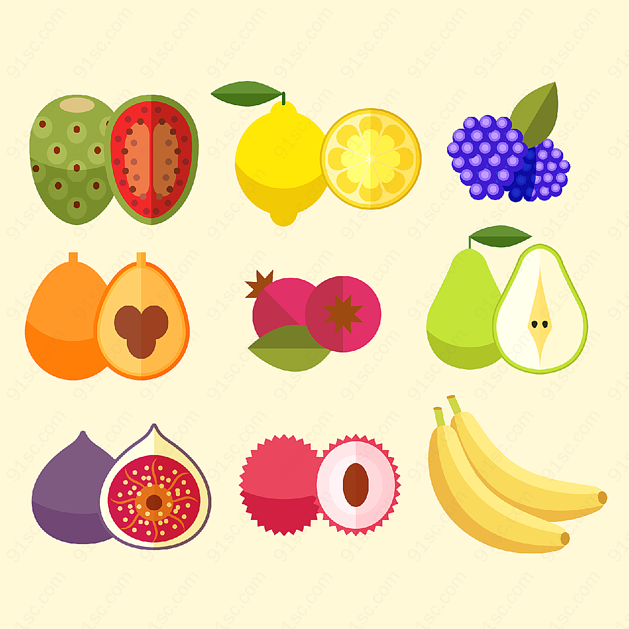 彩色水果和切面矢量水果