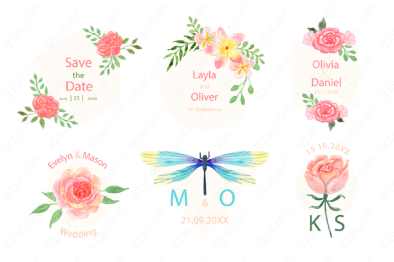 彩绘婚礼花卉装饰标签矢量概念