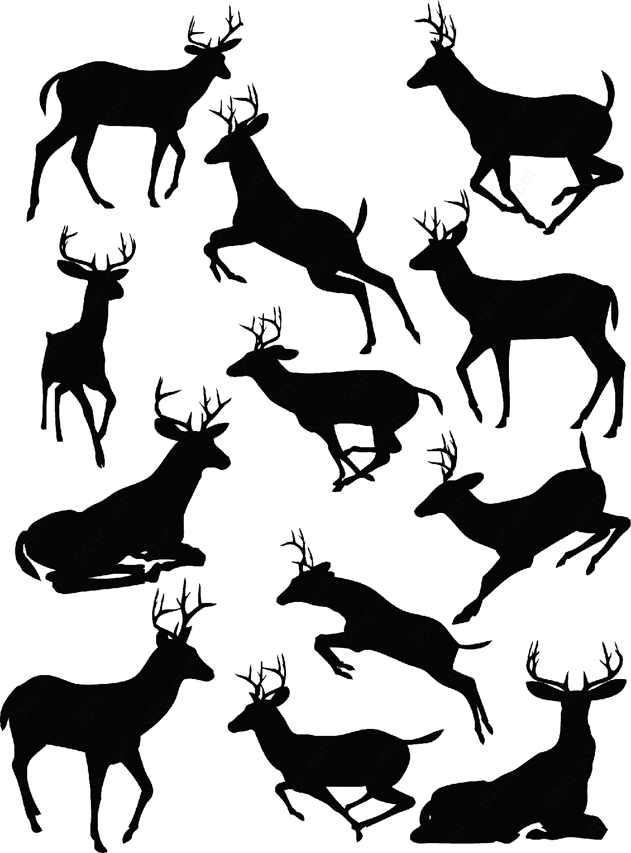麋鹿黑白剪影矢量野生动物