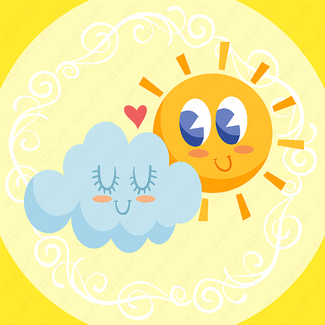 可爱云朵和太阳卡通矢量插画
