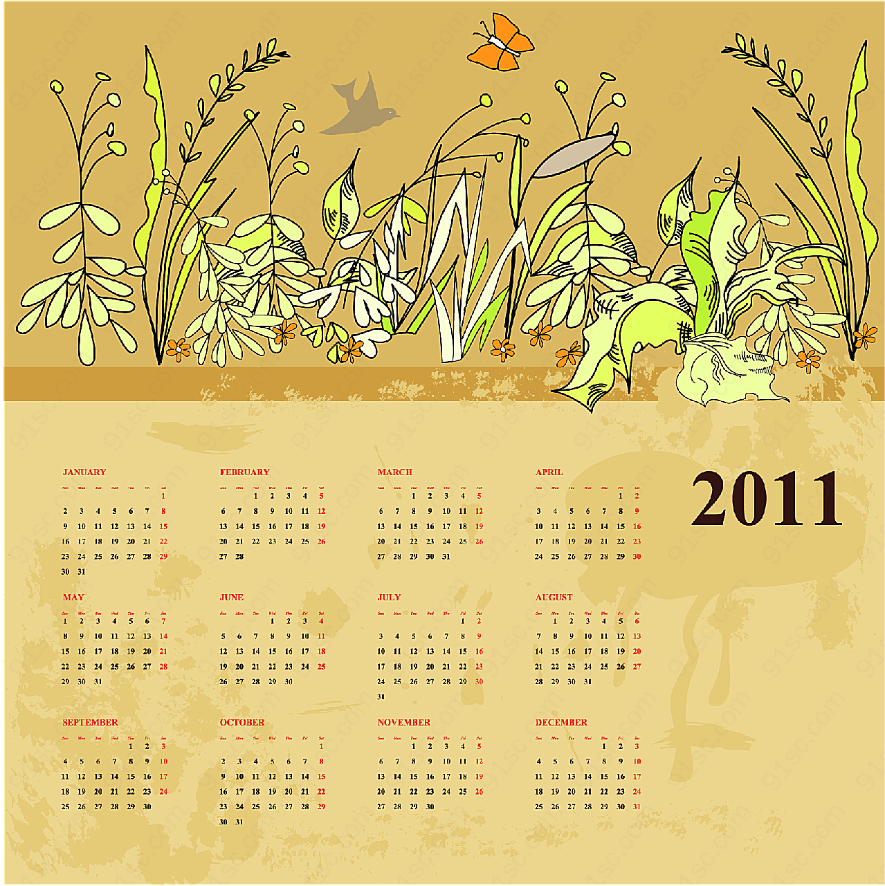 花朵2011年日历矢量传统文化
