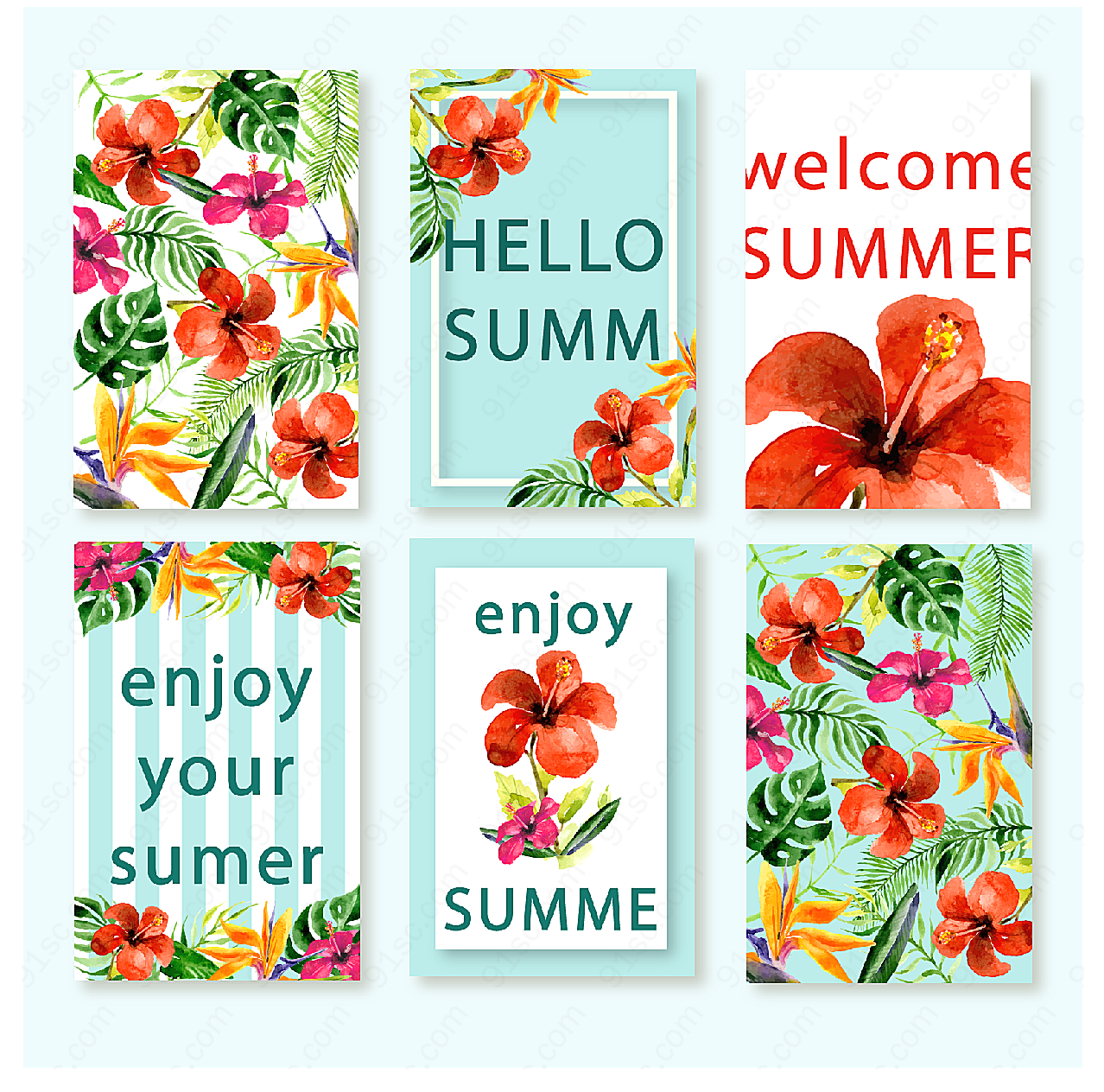 夏季热带花卉卡片矢量名片卡片