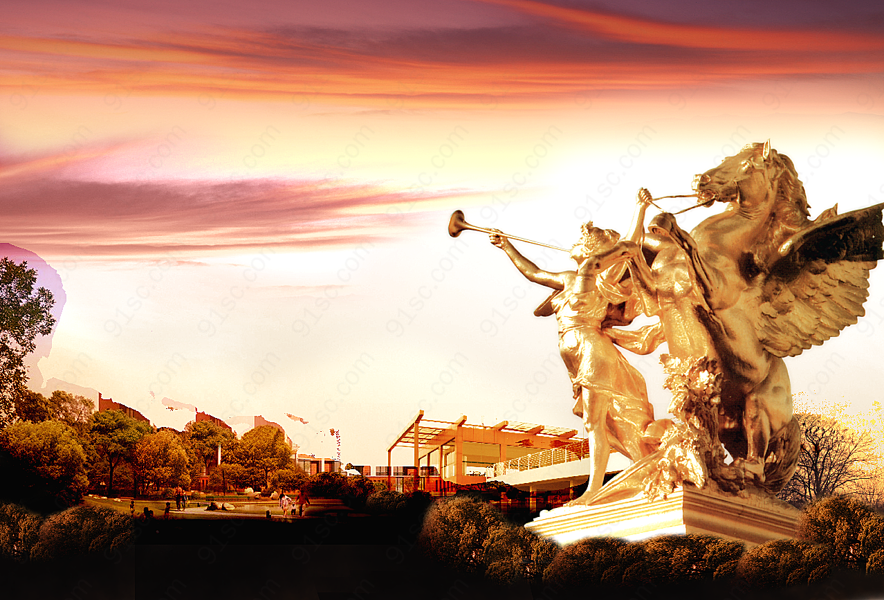 雕塑夕阳美景地产设计广告