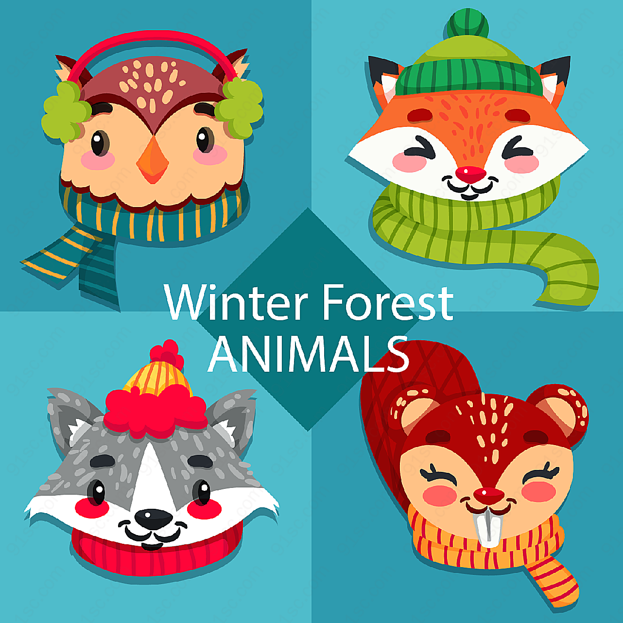 冬季森林动物头像矢量卡通动物