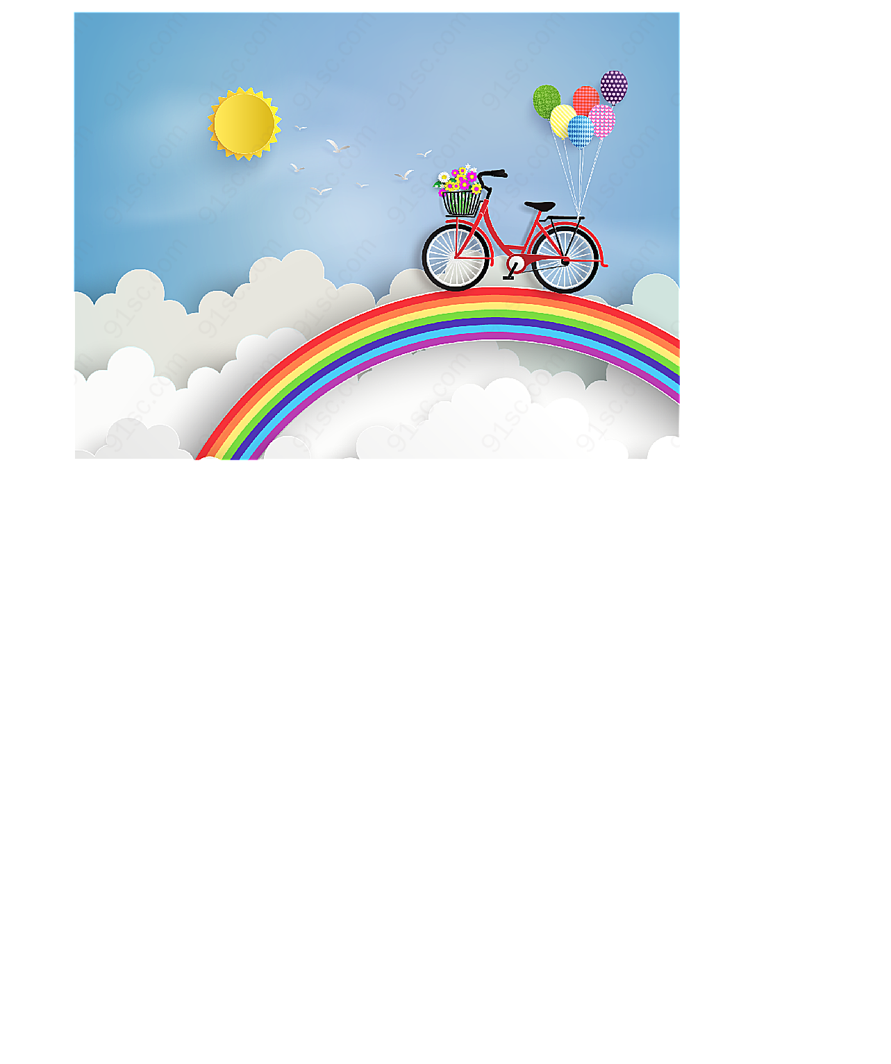 彩虹上的单车卡通矢量插画