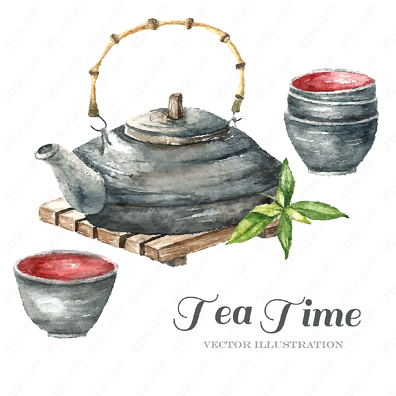 水彩绘茶壶和茶杯矢量生活用品