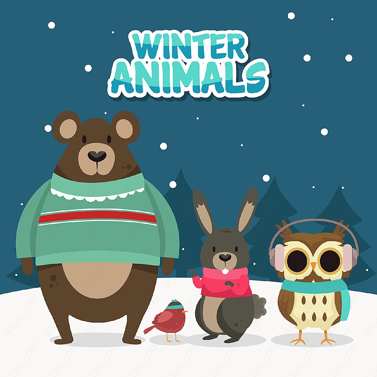 雪中的动物动物矢量卡通动物