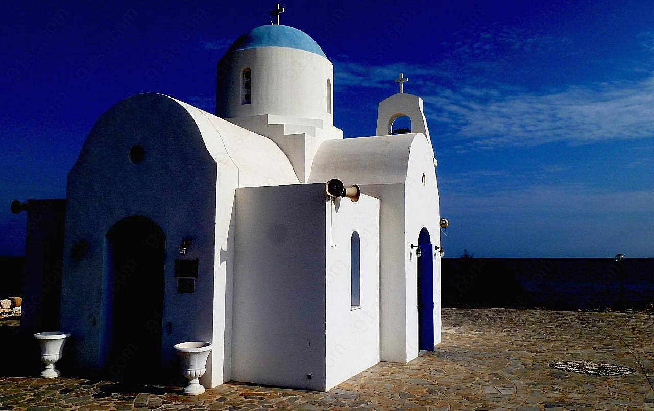 希腊蓝顶白教堂图片建筑