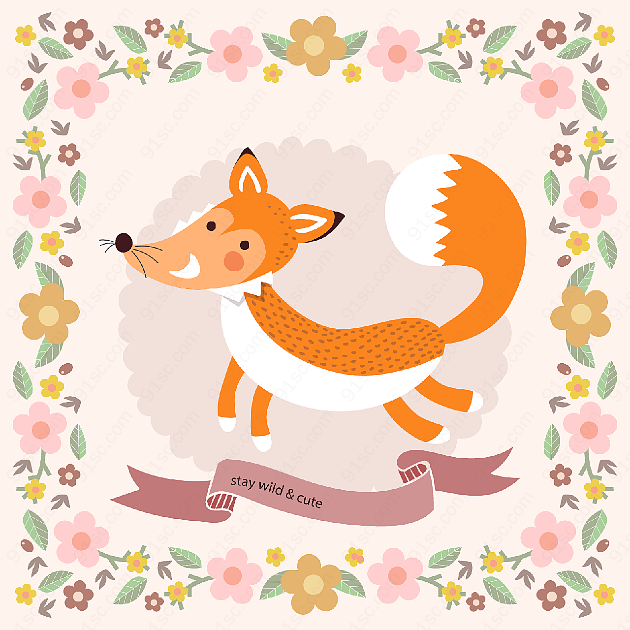 森林狐狸和花边矢量卡通动物