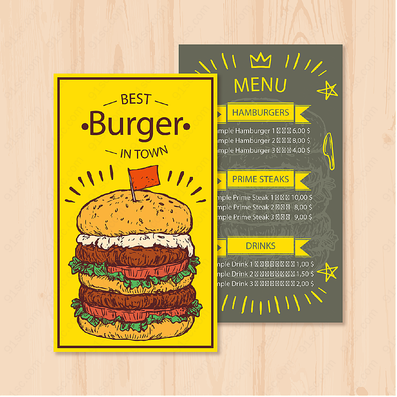 彩绘汉堡包菜单平面广告