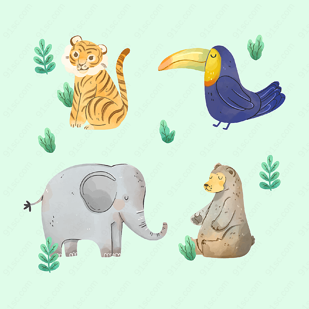 水彩绘动物设计矢量野生动物