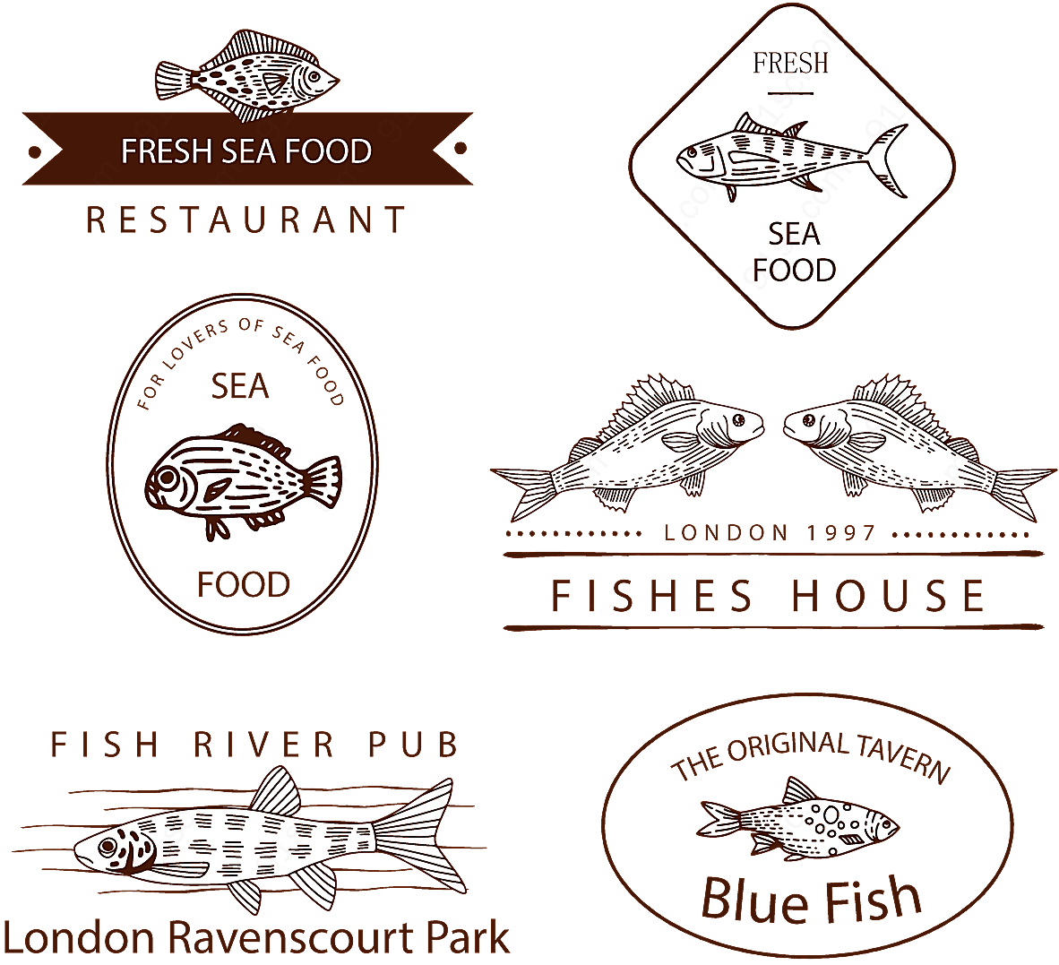 手绘鱼元素标志矢量logo图形