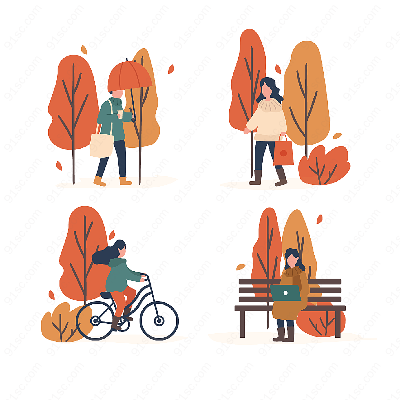 秋季树木人物矢量生活人物