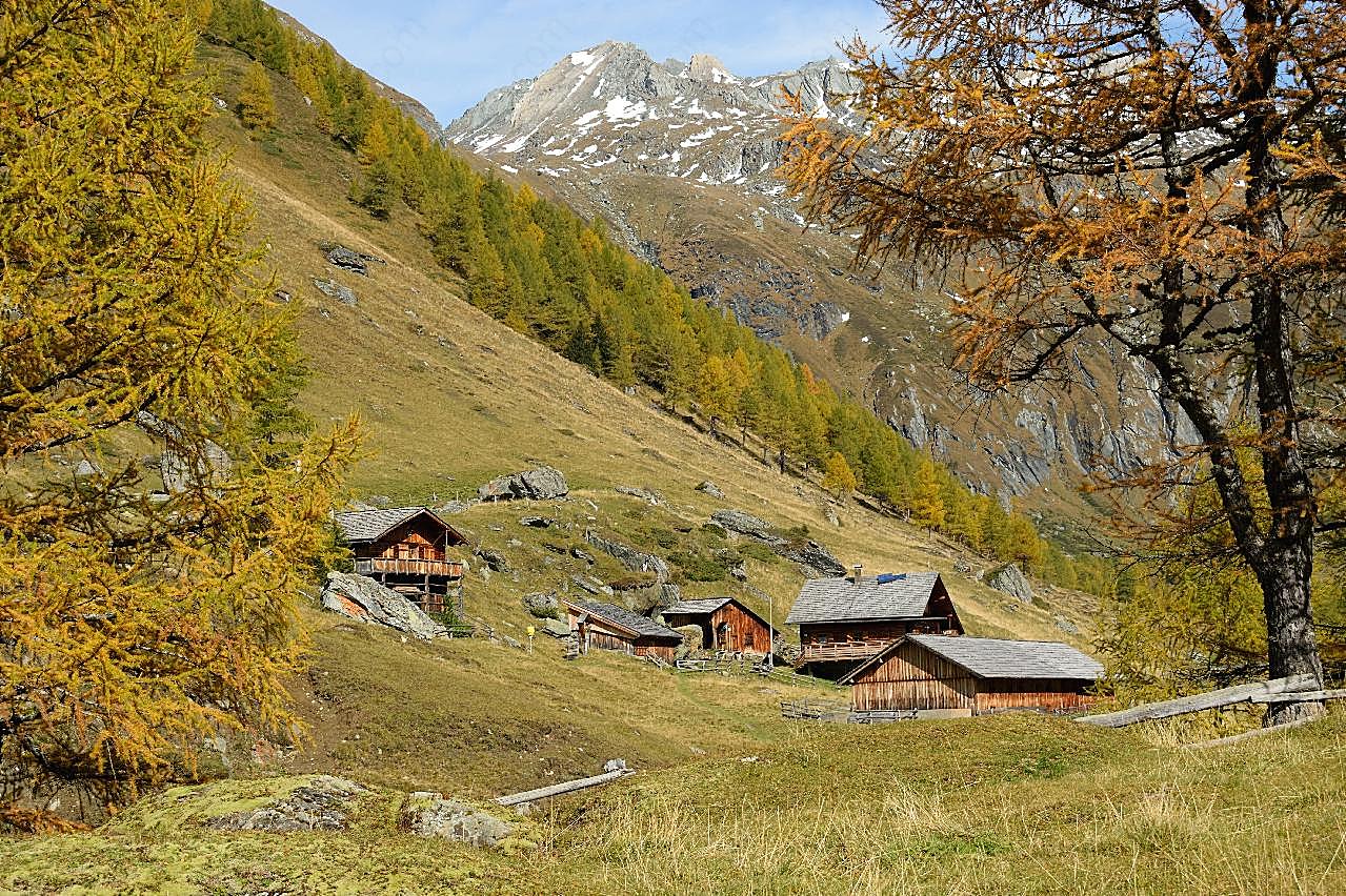 阿尔姆高山木屋风景图片摄影