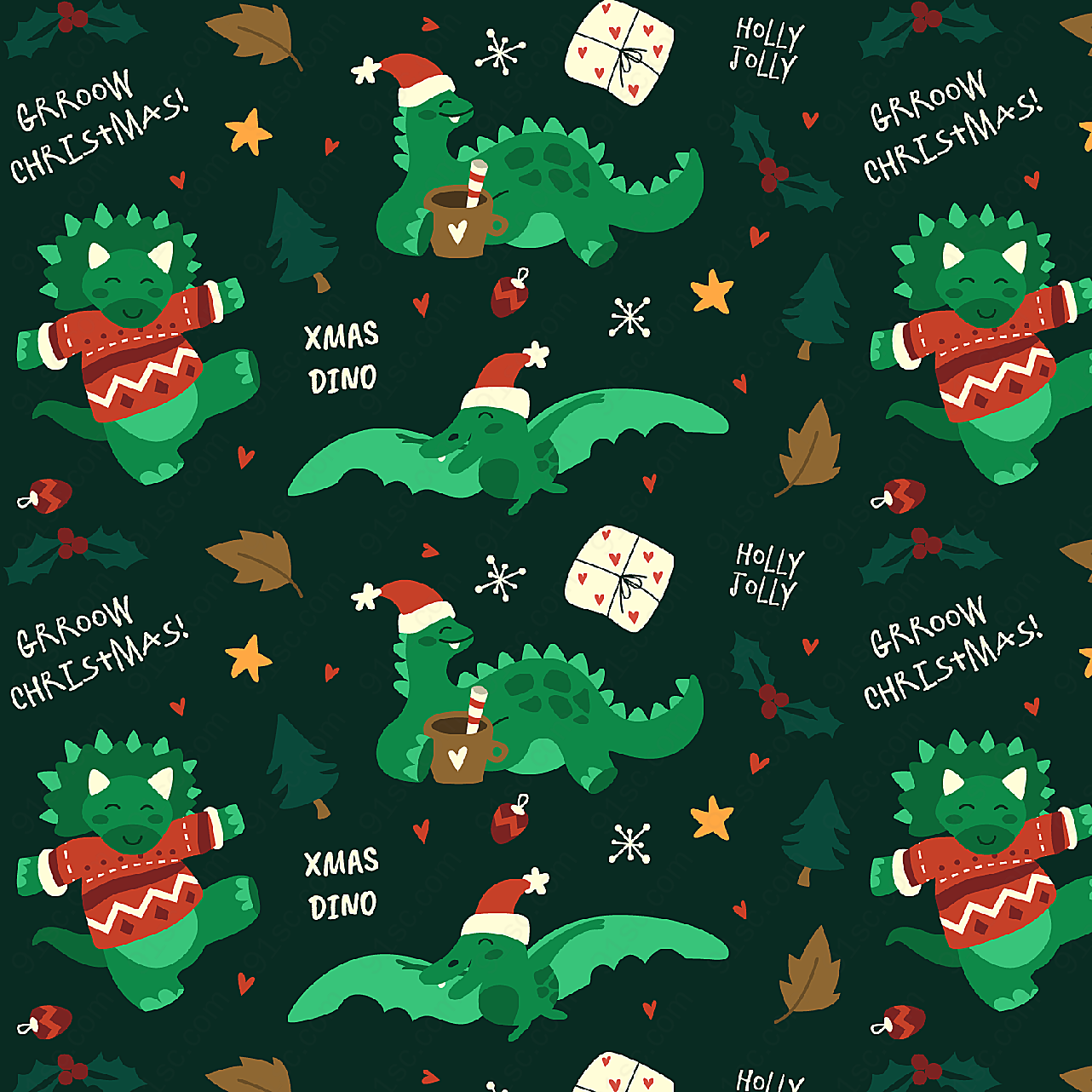 圣诞恐龙无缝背景矢量圣诞节