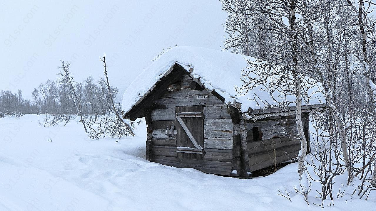 荒野雪地小木屋图片高清自然